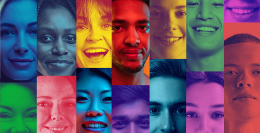 foto met verschillende gekleurde vlakjes, in elk vlakje is een gezicht van een mens te zien