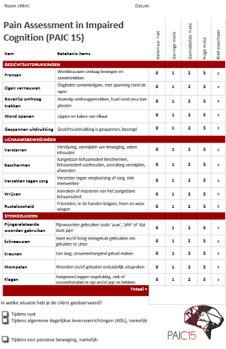 Vragenlijst: Pain Assessment in Impaired Cognition (PAIC 15)