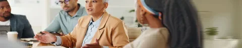 4 professionals in gesprek, een persoon spreekt met handgebaren en de andere personen luisteren